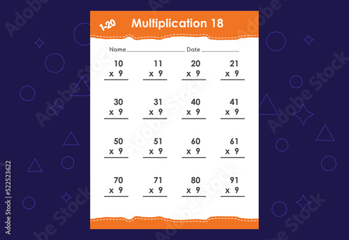 Basic math multiplication for kids. An educational worksheet for kids. Vector design