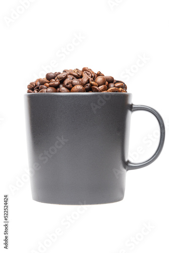 Cut Out Coffee Beans in a Black Cup on White Background.