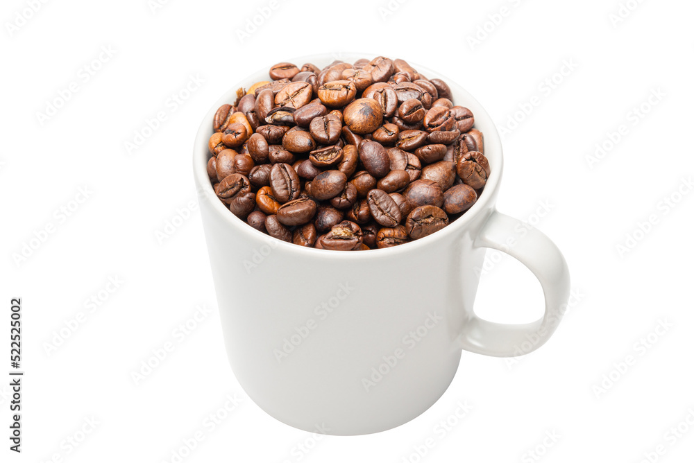 Cutout Roasted Arabica Coffee Beans in a White Coffee Mug on White Background. Cutout Roasted Arabica Coffee Beans in a White Coffee Mug on White Background.