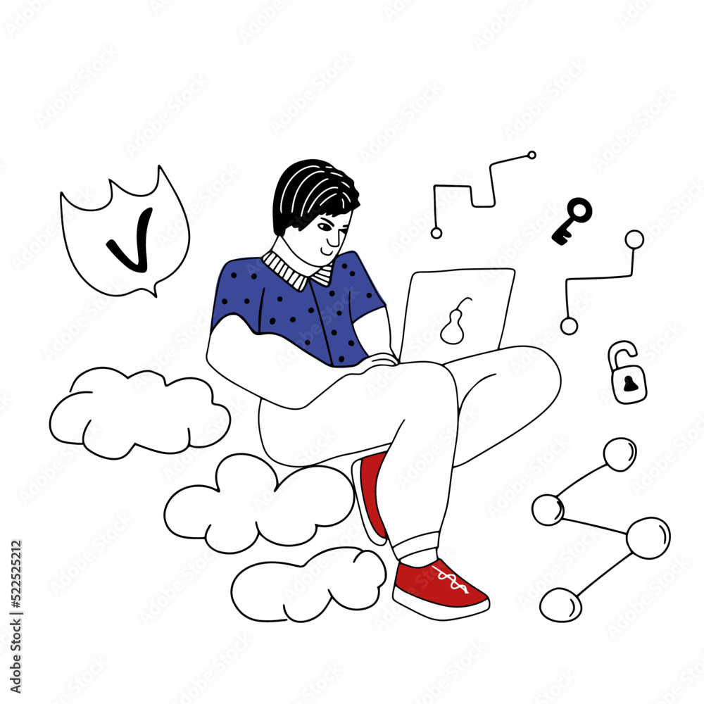Person on cloud with laptop. working with blockchain. Outline vector illustration Person on cloud with laptop. working with blockchain. Outline vector illustration