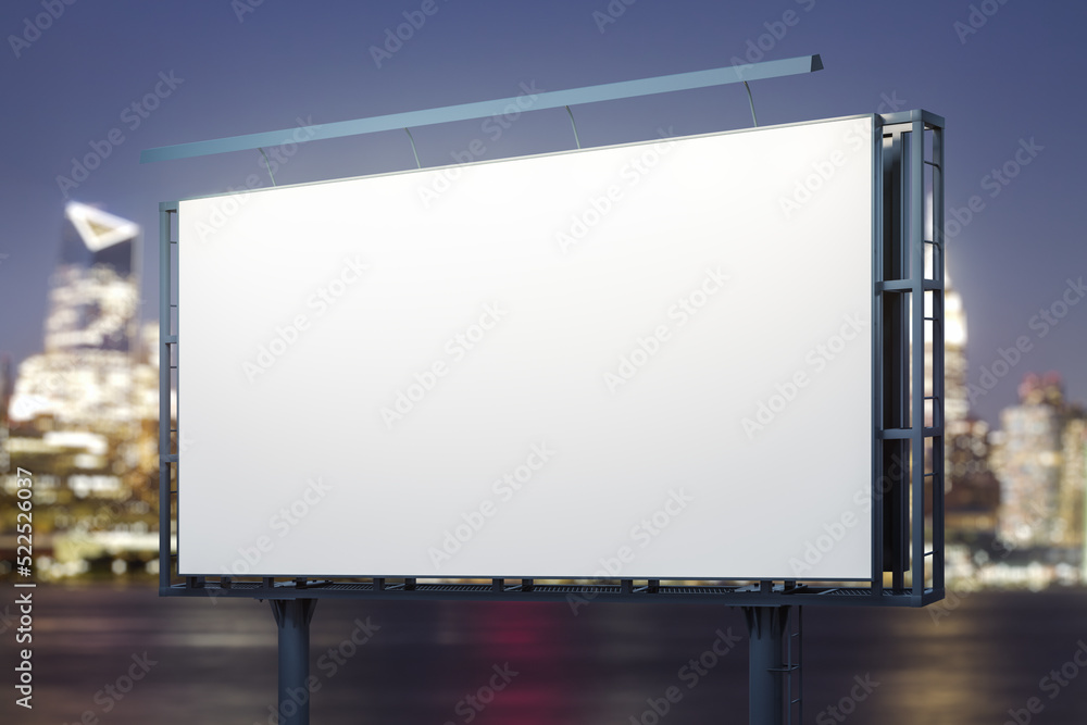 Blank white horizontal billboard on skyline background at evening, perspective view. Mock up, advertising concept Blank white horizontal billboard on skyline background at evening, perspective view. Mock up, advertising concept
