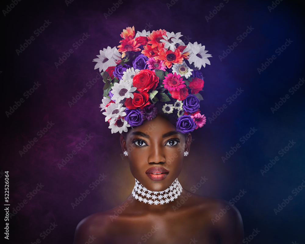 Vogue  beautiful african american women portrait and bouquet of flowers on light background - obrazy, fototapety, plakaty 