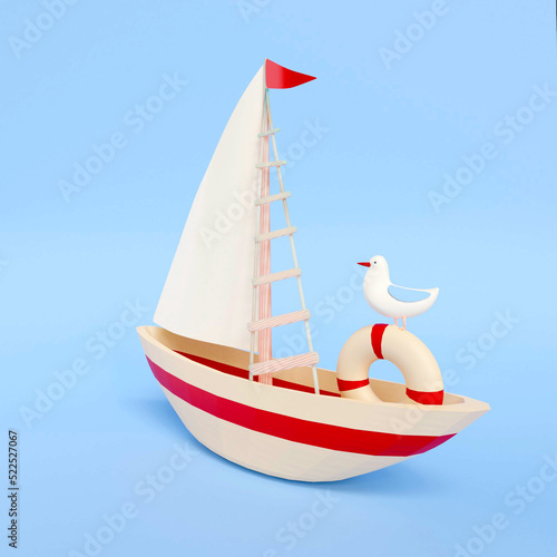 Cute 3d illustration of cartoon colorful white and red boat with bird. Blue background. Summer design. Traveling mock up. Summer ship. boat, sailing. 3D render