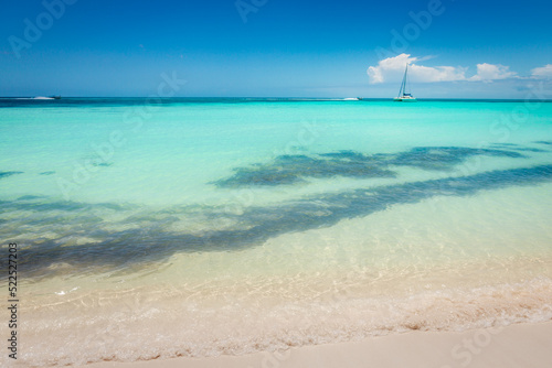 Fototapeta Naklejka Na Ścianę i Meble -  Tropical paradise: idyllic beach with sailboat, Punta Cana, Dominican Republic