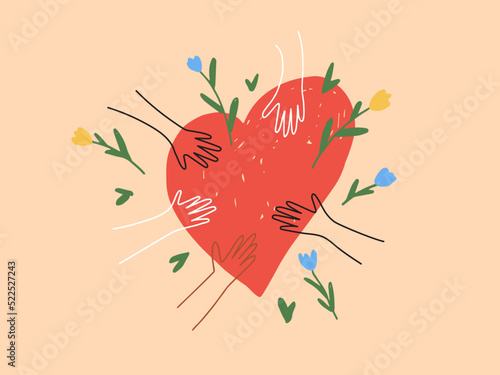 Diversity human hands holding heart with flower. People sharing love. Helping hand, support, social care. Volunteer, donation, charity foundation. Unite, peace, friendship abstract vector illustration