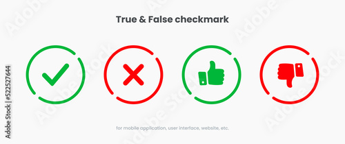 Checkmark, confirm, approve, appreciate, like symbol. Decline, reject, deny, dislike label badge flag button for mobile app, website, UI UX, promotion. High quality vector illustration EPS10