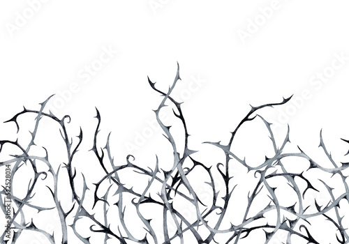 Halloween horizontal seamless border of black thorn branches. Watercolor hand painted isolated illustration on white background. photo