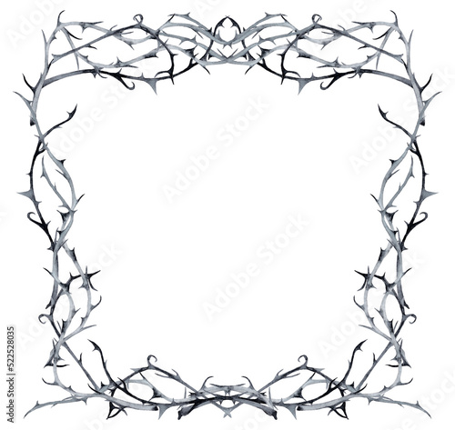 Halloween frame of black thorn branches. Watercolor hand painted isolated illustration on white background.