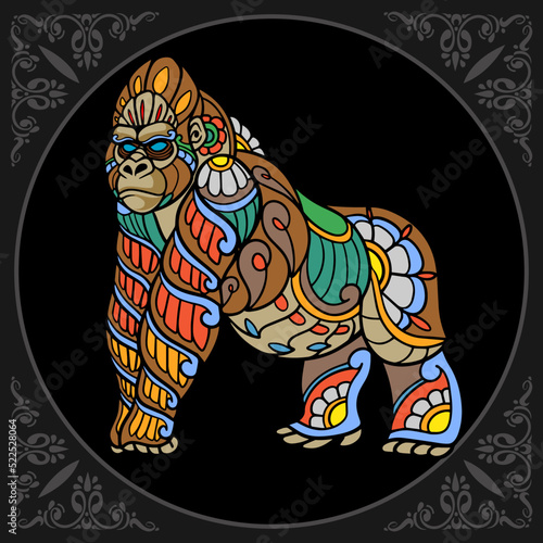 Colorful gorilla zentangle arts isolated on black background
