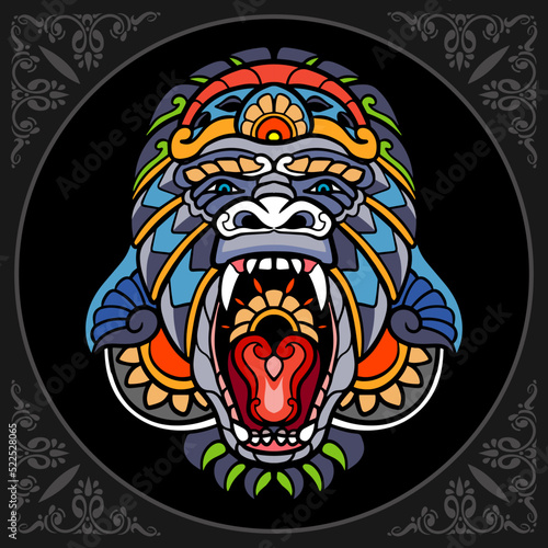 Colorful gorilla zentangle arts isolated on black background