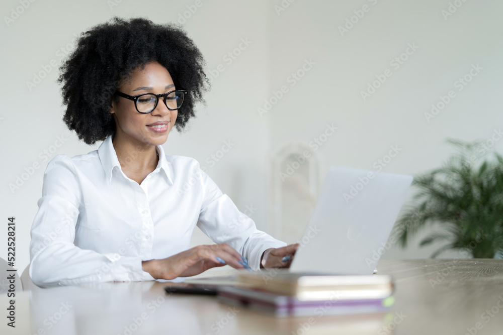 The manager is a woman working in an office in formal clothes, using a laptop The manager is a woman working in an office in formal clothes, using a laptop