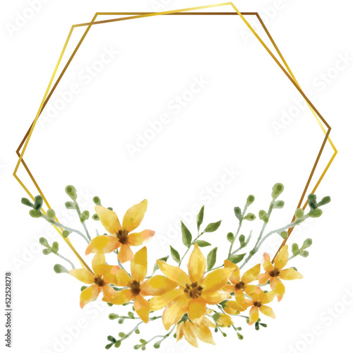 hexagon Gold yellow border frame with yellow flowers blossom and little leaves hand-drawn watercolor  for banner  invitation  wedding card