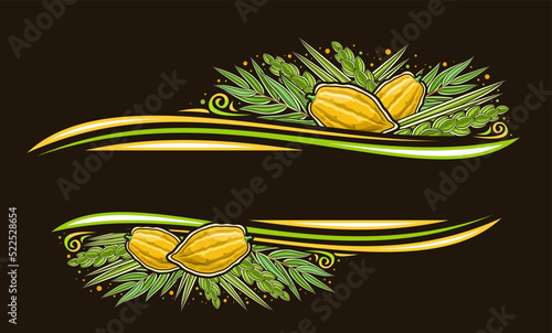 Vector border for Sukkot with empty copy space for congratulation text, decorative greeting card with illustration of traditional four species leaves for sukkot judaic celebration on dark background