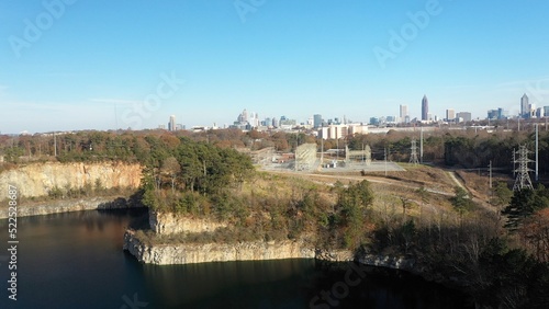 Bellwood quarry Westside park outside of Atlanta Georgia with city skyline on horizon