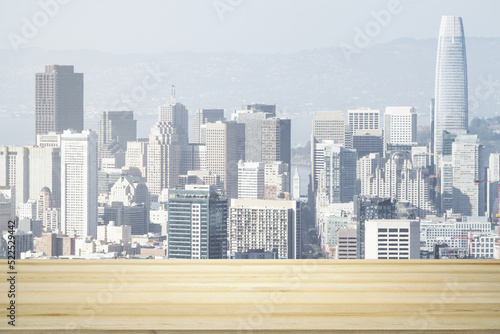 Blank tabletop made of wooden planks with beautiful San Francisco cityscape at daytime on background  mockup