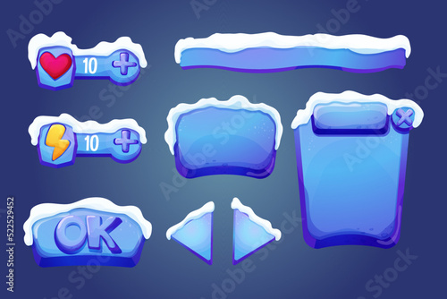 Set winter ice fantasy interface template game menu with snow in cartoon style isolated on white background. Ui asset, frame for settings design. Casual web 2d element.