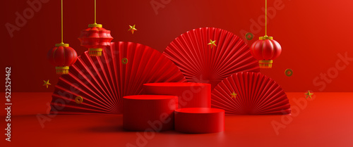 Chinese new year  mid autumn festival podium display or showcase mockup on red background with lantern golden coin. Concept of Happy Chinese New Year festival background. 3D rendering illustration