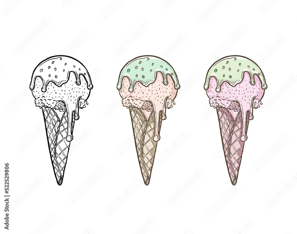 Ice cream cones set isolate on white illustration. Hand drawn sketch. Ice cream drawing doodle collection Ice cream cones set isolate on white illustration. Hand drawn sketch. Ice cream drawing doodle collection