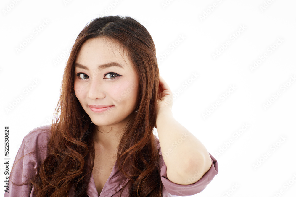 Portrait of a beautiful woman, business persona, friendliness, and self-confidence wearing a stylish smartwatch on a white background Portrait of a beautiful woman, business persona, friendliness, and self-confidence wearing a stylish smartwatch on a white background