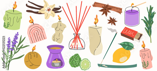 Various candles, various aromatic objects and plants, natural wax aromatherapy, handmade candle with essential oils, hand drawn vector illustrations, isolated vector objects.
