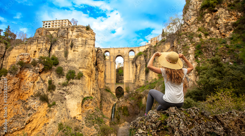 Αυτοκόλλητο beautiful city of Ronda and woman tourist