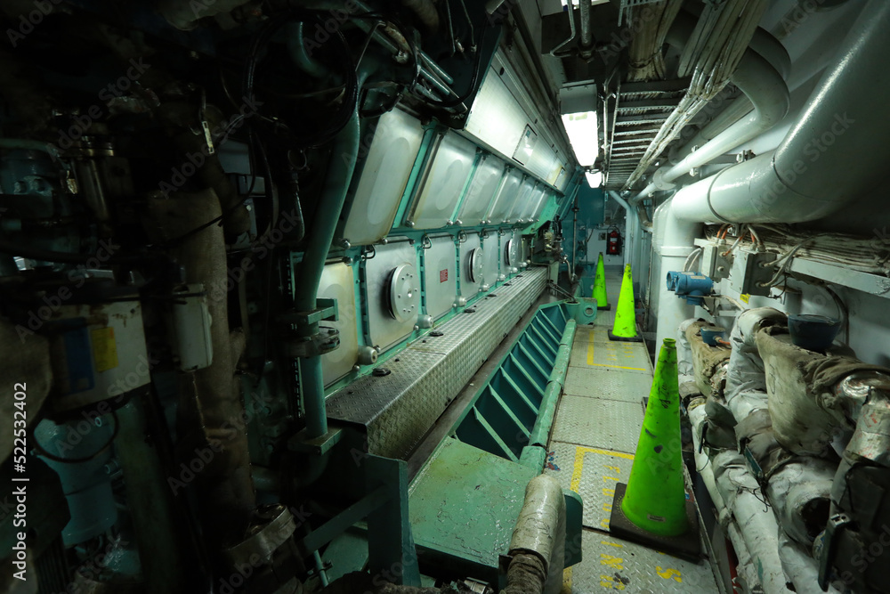 Cruise ship engine room interior with water tight doors electrical and
