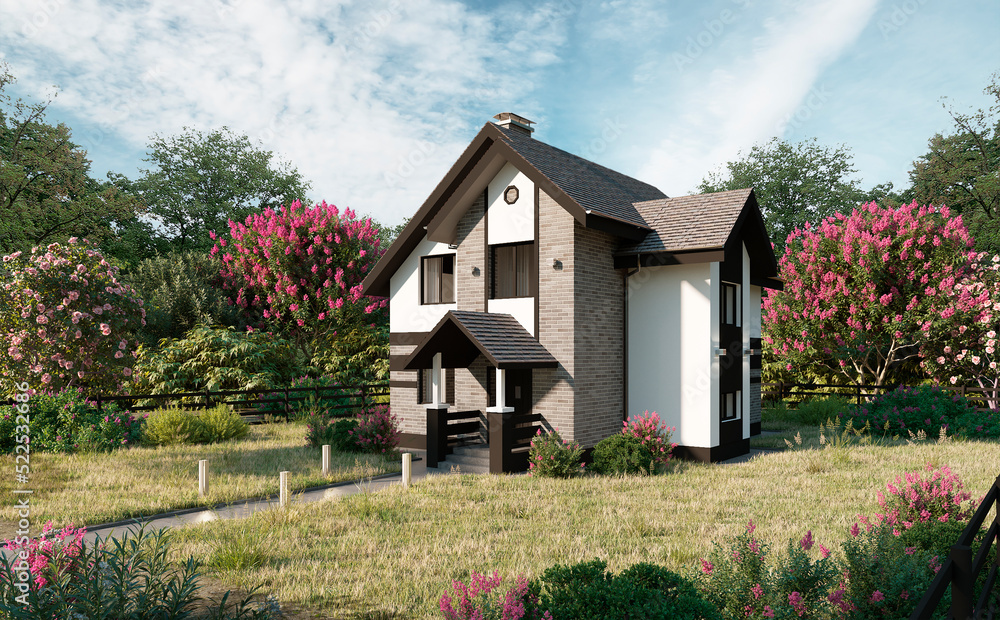 Village style house. Beautiful landscape and wonderful outlook. Located in a picturesque area. 3d render