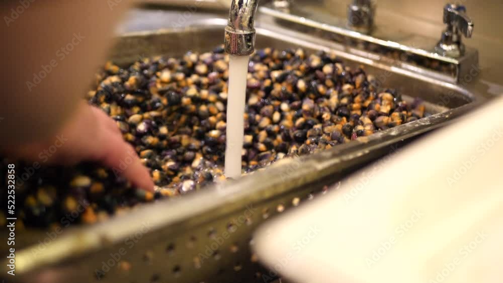 Chef washing blue corn in a restaurant's kitchen Chef washing blue corn in a restaurant's kitchen