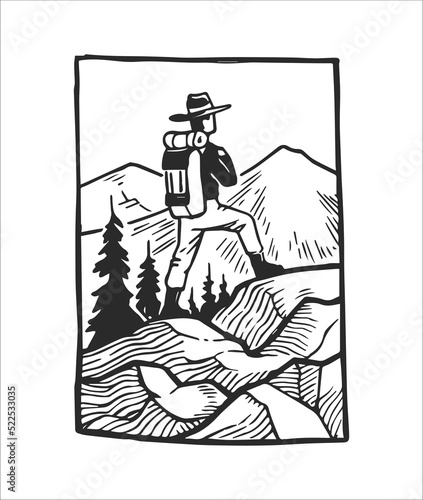 Vector illustration of man with backpack on background of landscape.  Stamp for camping design. Sketch with traveler in the mountains.