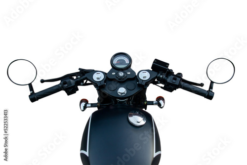 Motorcycle handlebars. View from driver isolated on white background with clupping path.