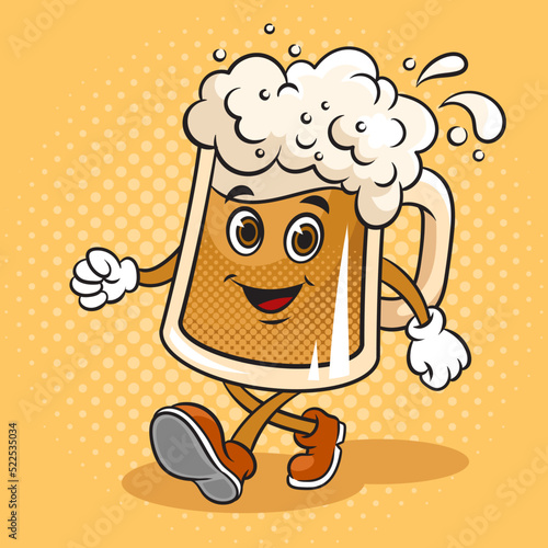 Walking cartoon glass of beer pop art retro vector illustration. Comic book style imitation.