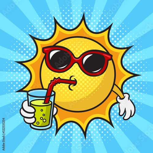 cartoon sun in sunglasses drinking cool drink cocktail pop art retro vector illustration. Comic book style imitation.