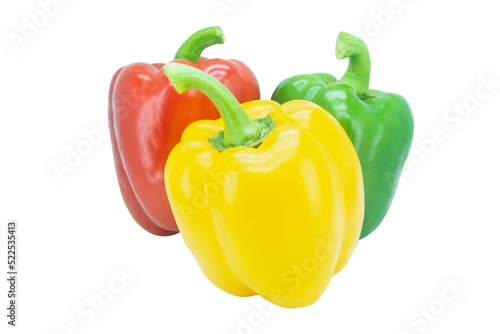Yellow, Red, Green, bell pepper or sweet pepper or capsicum isolated on white background with clipping path..