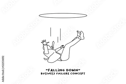 Drawing of businessman falling down from a hole. Concept of downfall. line art style