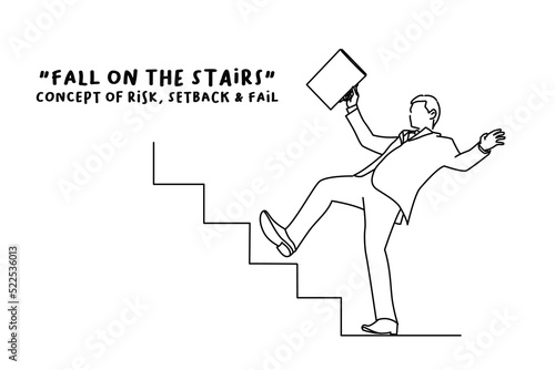 Cartoon of stressed businessman manager falling down from ladder stairs feeling panic. Business crisis and failure metaphor. Outline drawing style art