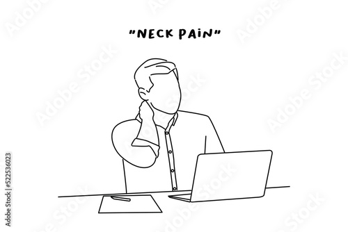 Illustration of exhausted male worker sit at desk massage neck suffer from strain spasm muscles. line art style
