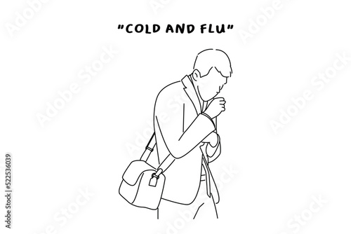 Illustration of businessman suffering with cough and feeling bad. Outline drawing style art