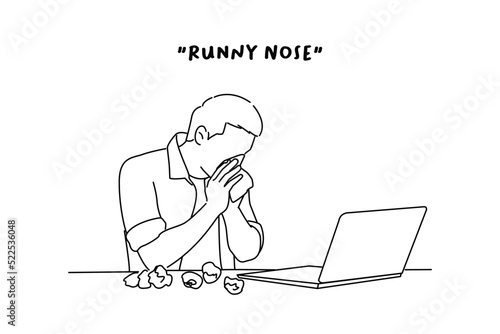 Drawing of sick entrepreneur blowing in a wipe at office with a lot of used wipes on the desk. line art style