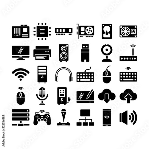 Computer peripheral glyph icon set image vector image