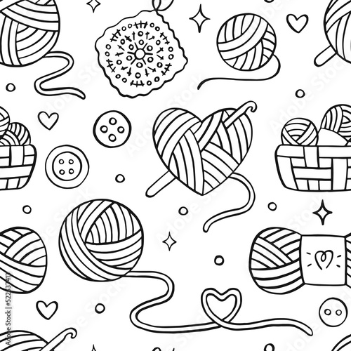 Knitting, crochet seamless pattern. Vector background with doodle illustration of wool yarn ball, hook, basket with skeins. Black and white line art about handmade