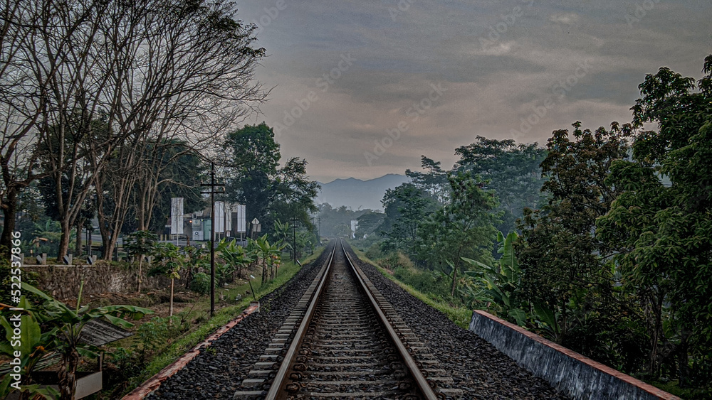 Fototapeta premium Railroad which is a railway line is a construction in one unit that can be made of concrete, steel, or other construction materials on the surface