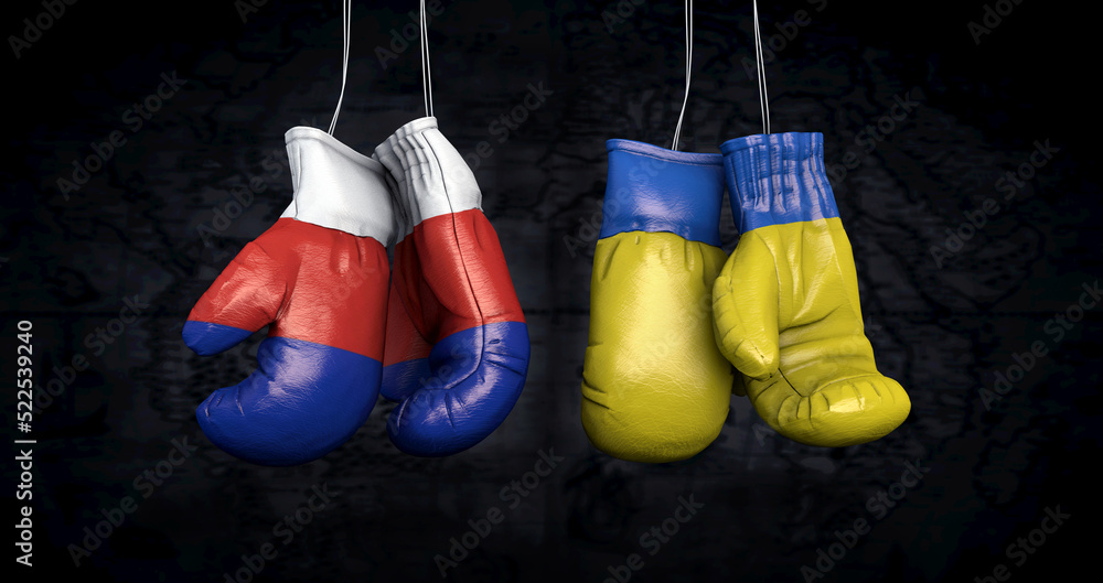 Hanging boxing gloves with the Russian and ukrainian flags illustrate the tensions between the two countries - 3d illustration