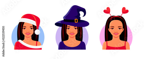 Pretty Asian girls in Santa Claus hat, witch costume and headband with red hearts. Vector flat illustration of happy young women celebrate Christmas, Halloween and Valentine day