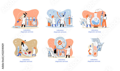 Laboratory diagnostic services metaphor, health indicators research treatment medical examination clinic. Health care and routine survey by doctor. Analyzes prescriptions of medications, lab equipment