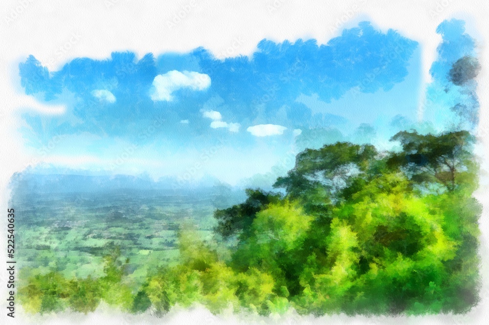 Fototapeta premium The mountain landscape has forests and land watercolor style illustration impressionist painting.