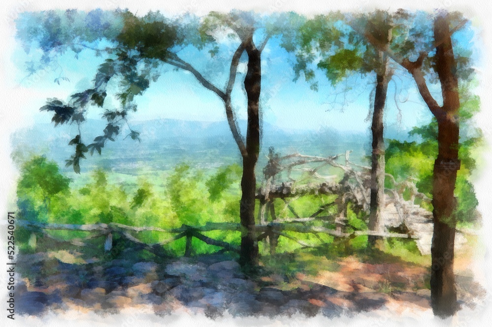 The mountain landscape has forests and land watercolor style illustration impressionist painting.