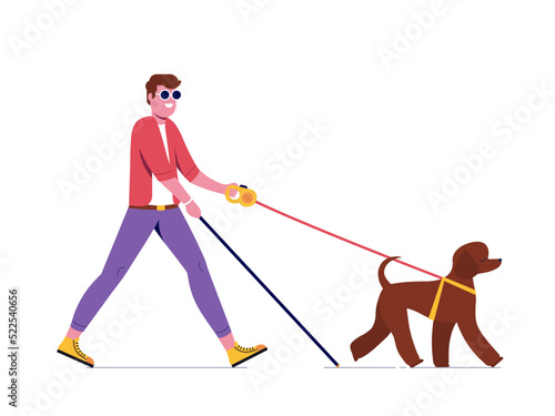 Blind Man with Cane leading by Guide Dog