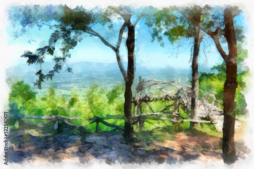 The mountain landscape has forests and land watercolor style illustration impressionist painting. © Kittipong