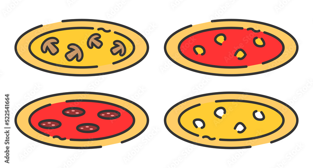 italian pizza street food logo with elements of food: cheese, wine, olives, mushrooms, basil, tomato. Vector illustration italian pizza street food logo with elements of food: cheese, wine, olives, mushrooms, basil, tomato. Vector illustration