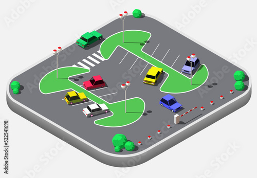 Isometric cars in a parking lot or car park. City parking vector web banner isometric vector style. Urban infrastructure